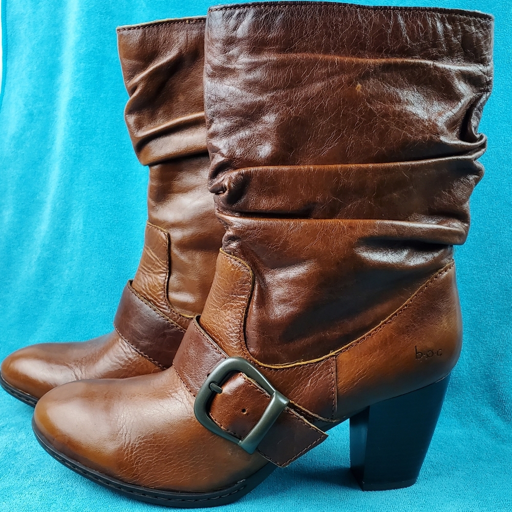 Born BOC Brown Leather Slouch Buckle Block Heel Boots Women's 40.5 / 9